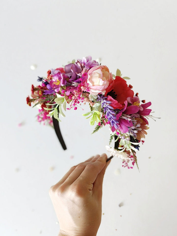 Pink & Purple Frida Flower Headband: Romantic Boho Wedding Crown – handmade floral hair accessory by magaela