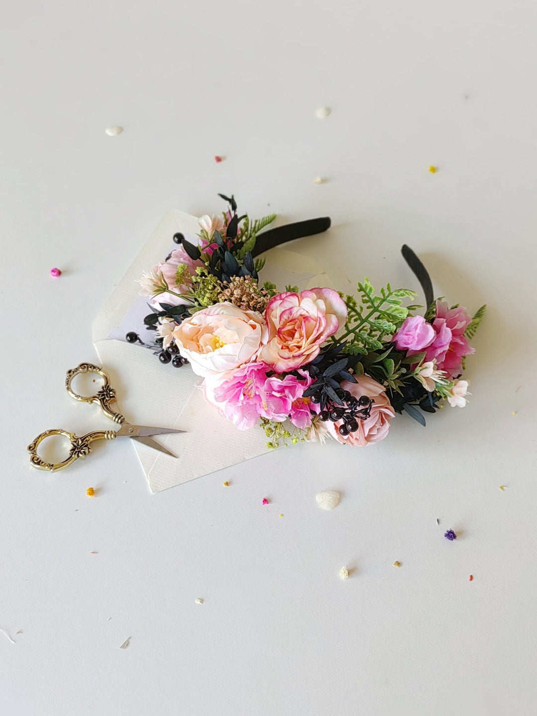 Romantic Peach & Pink Floral Headband: Frida Inspired Wedding Crown – handmade floral hair accessory by magaela