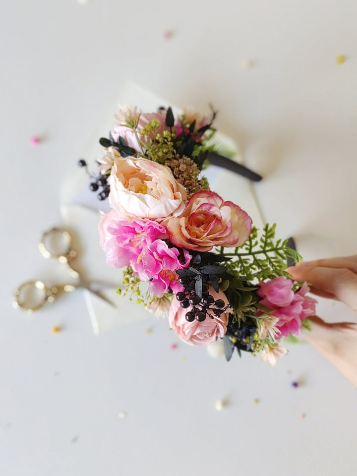 Romantic Peach & Pink Floral Headband: Frida Inspired Wedding Crown – handmade floral hair accessory by magaela