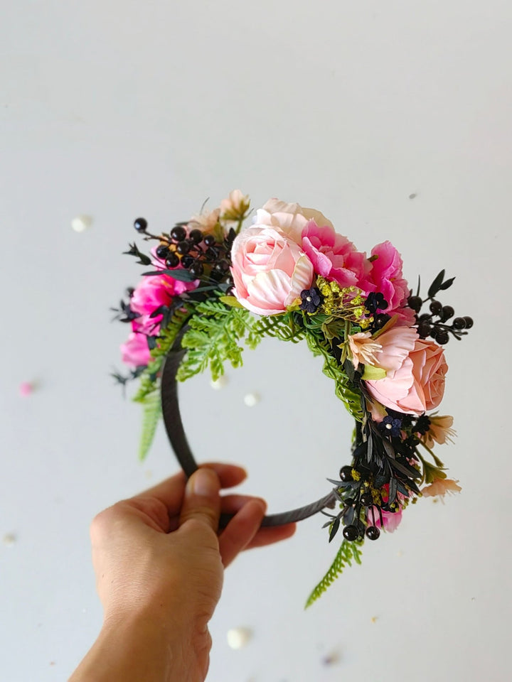 Romantic Peach & Pink Floral Headband: Frida Inspired Wedding Crown – handmade floral hair accessory by magaela
