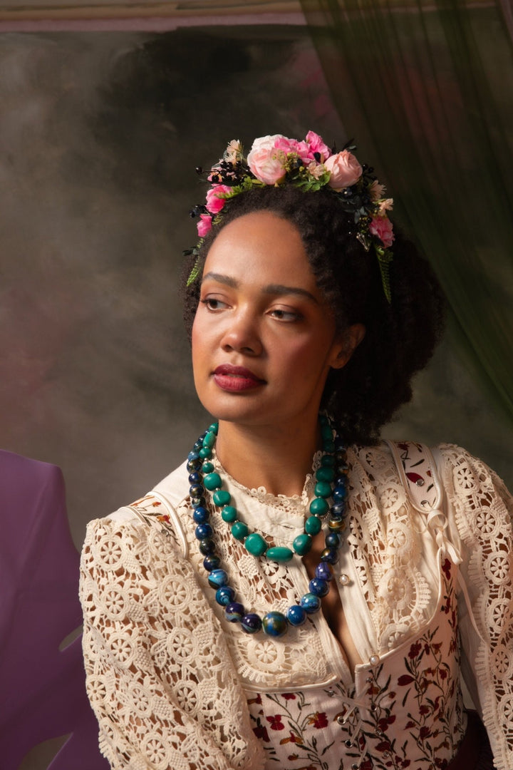 Romantic Peach & Pink Floral Headband: Frida Inspired Wedding Crown – handmade floral hair accessory by magaela