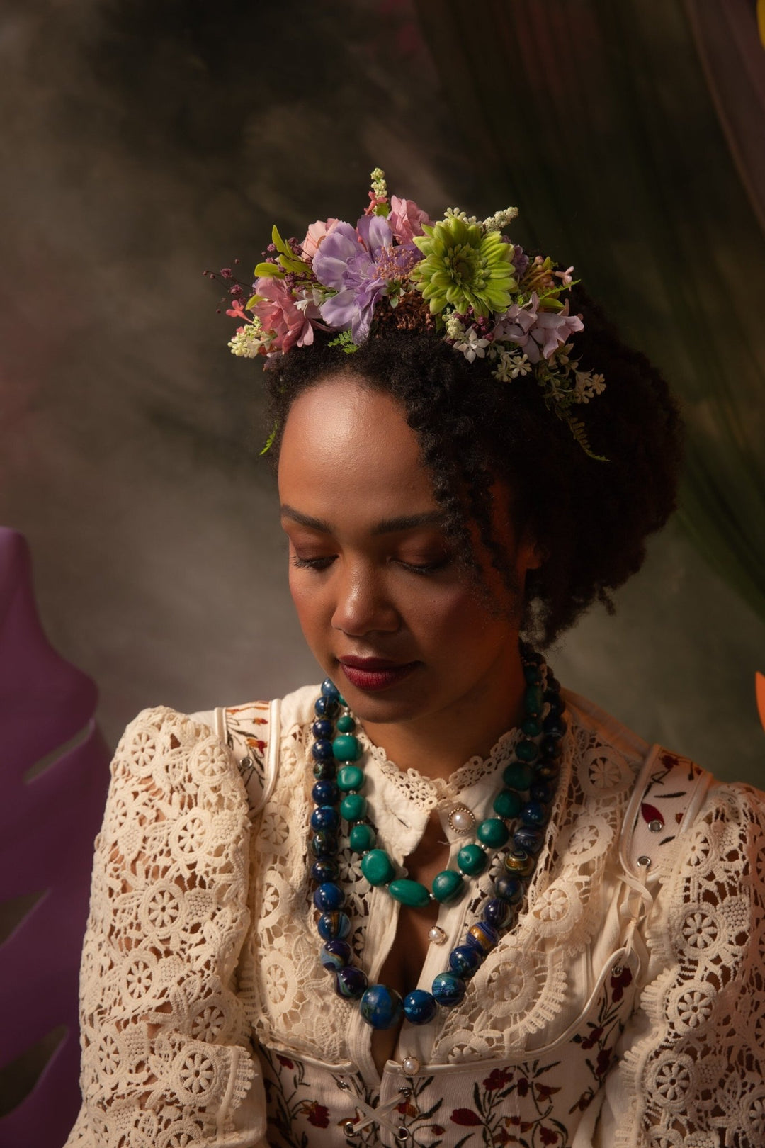 Green & Purple Frida Headband: Boho Flower Crown, Spring Wedding – handmade floral hair accessory by magaela