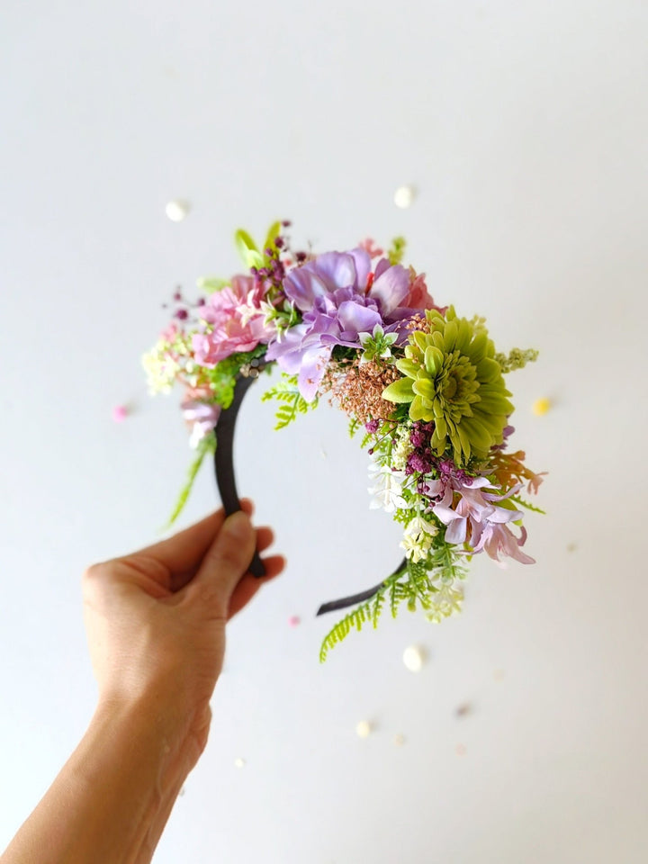 Green & Purple Frida Headband: Boho Flower Crown, Spring Wedding – handmade floral hair accessory by magaela