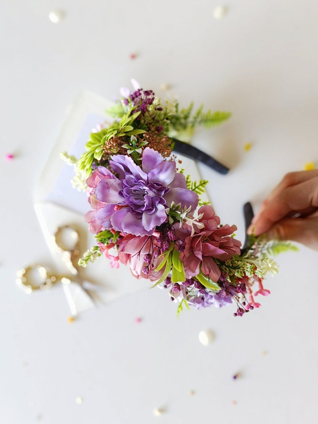 Green & Purple Frida Headband: Boho Flower Crown, Spring Wedding – handmade floral hair accessory by magaela