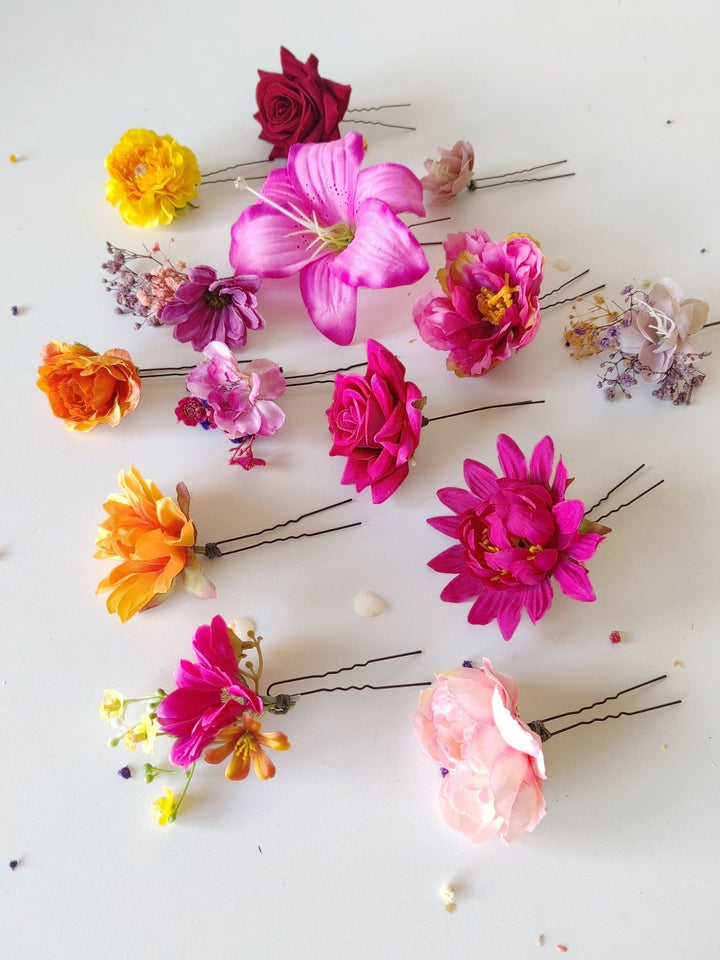 Frida Flower Hair Clips: Colorful Floral Hairpins, Boho Wedding – handmade floral hair accessory by magaela