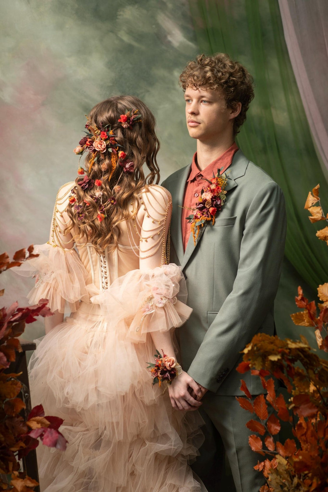 Autumn Bridal Hair Vine with Flower Veil: Cottagecore Wedding – handmade floral hair accessory by magaela