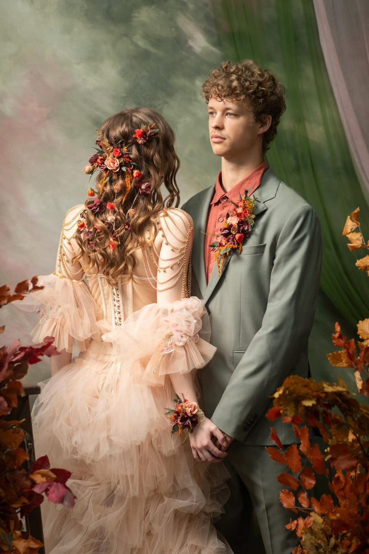 Autumn Bridal Hair Vine with Flower Veil: Cottagecore Wedding – handmade floral hair accessory by magaela