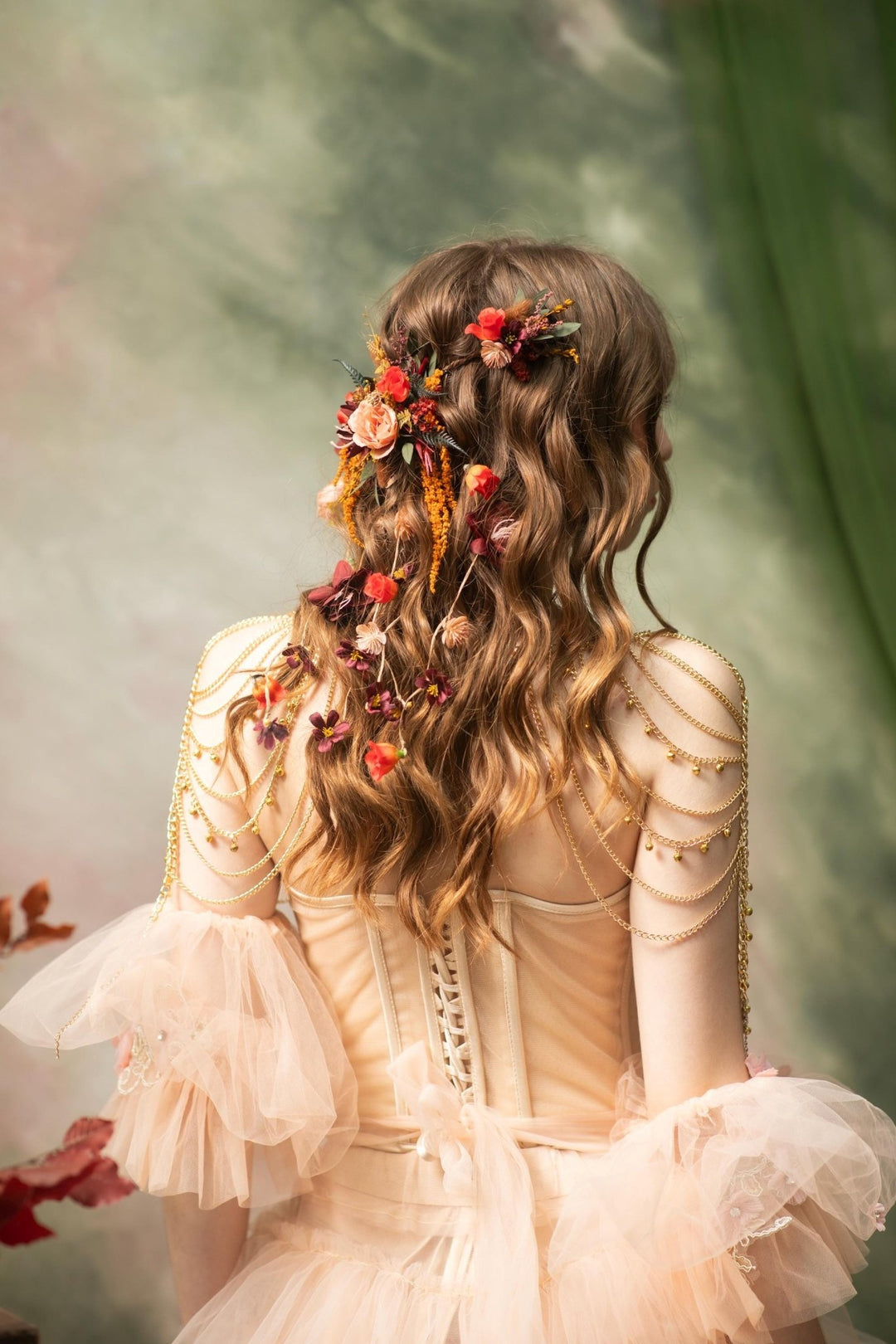 Autumn Bridal Hair Vine with Flower Veil: Cottagecore Wedding – handmade floral hair accessory by magaela
