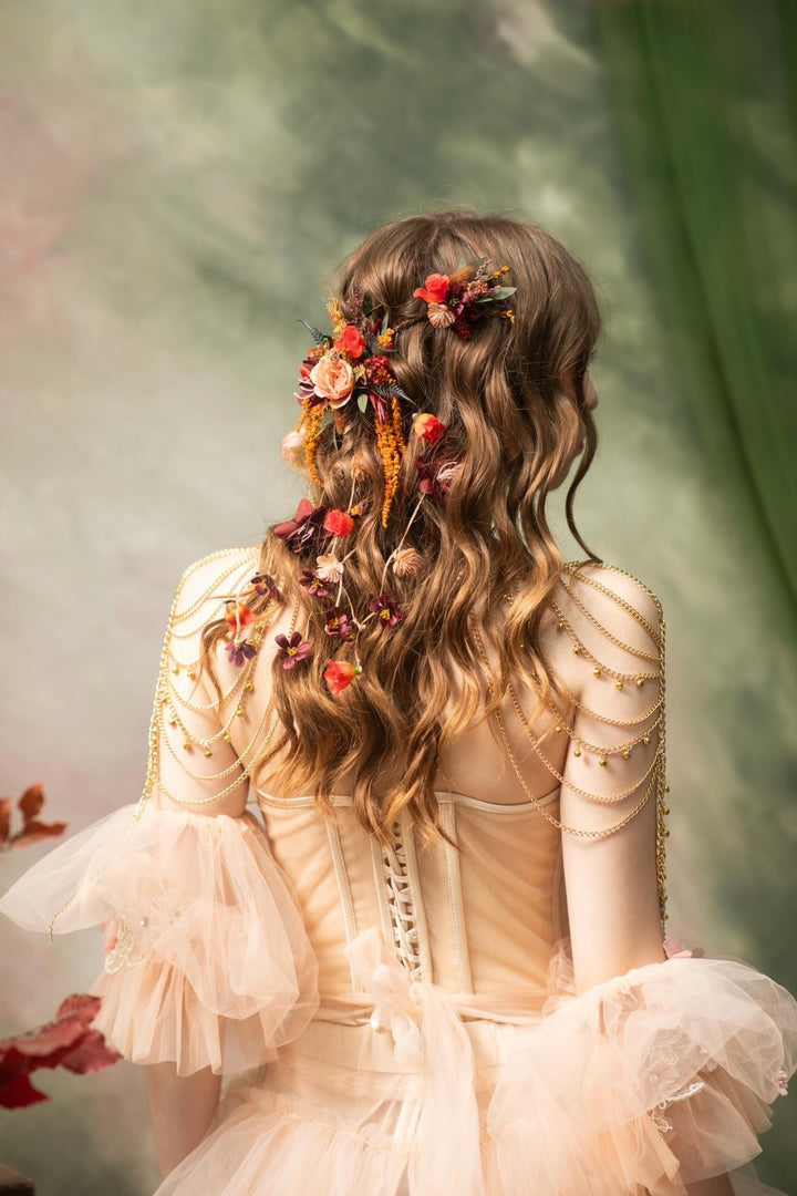 Autumn Bridal Hair Vine with Flower Veil: Cottagecore Wedding – handmade floral hair accessory by magaela