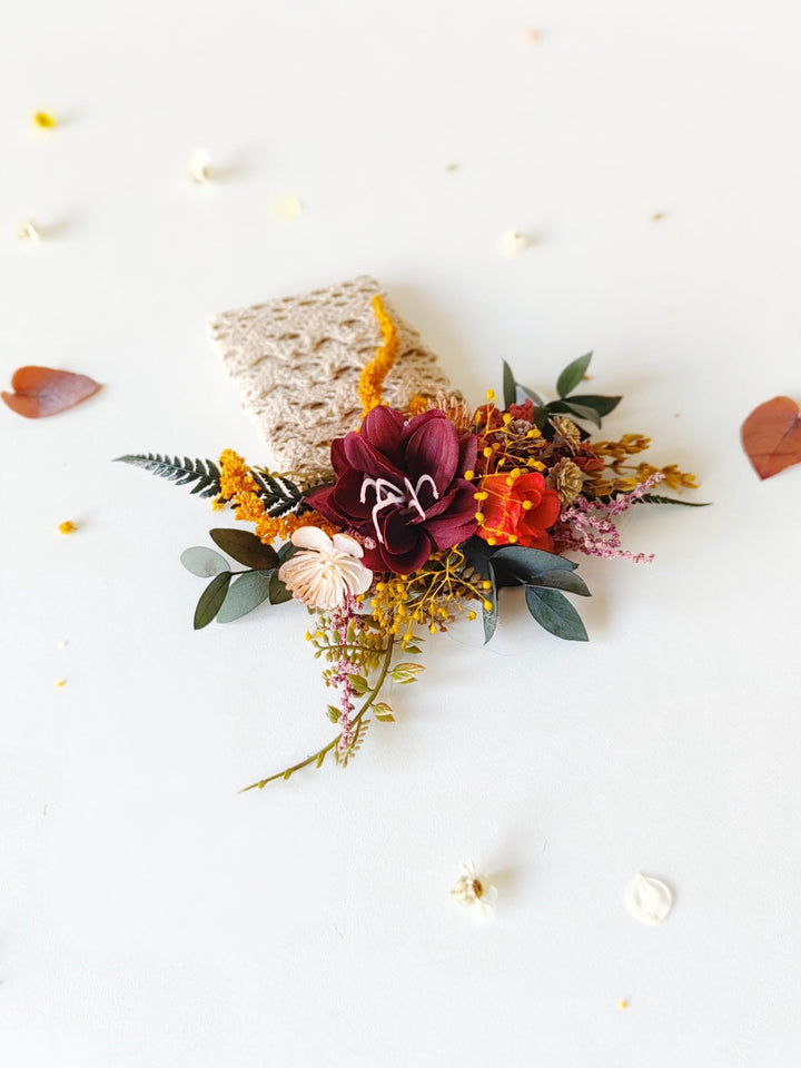 Autumn Pocket Boutonniere: Rustic Burgundy Fall Wedding Accessory – handmade floral hair accessory by magaela