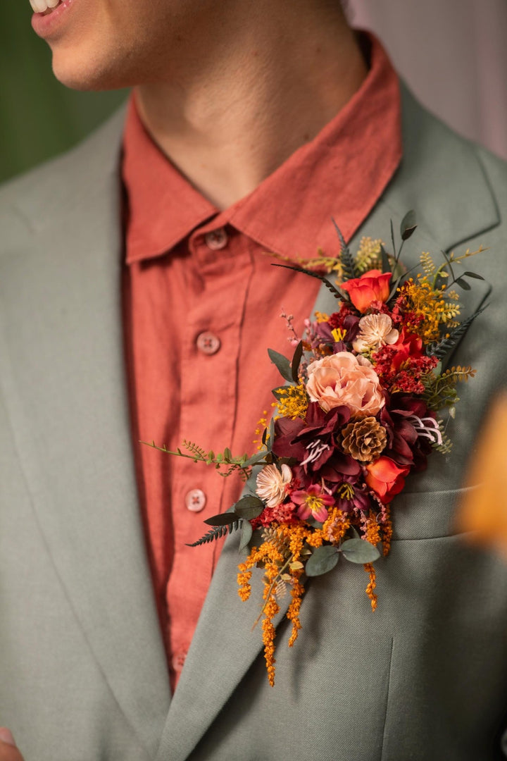 Autumn Rustic Brooch Boutonniere: Burgundy Fall Wedding Corsage – handmade floral hair accessory by magaela