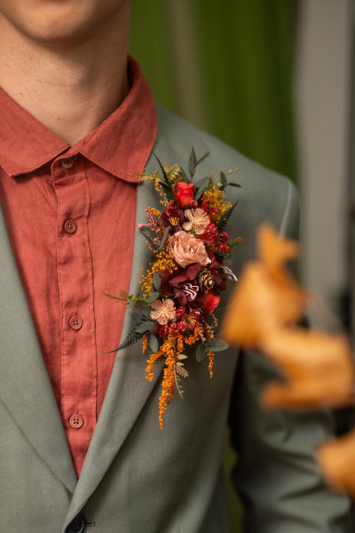 Autumn Rustic Brooch Boutonniere: Burgundy Fall Wedding Corsage – handmade floral hair accessory by magaela