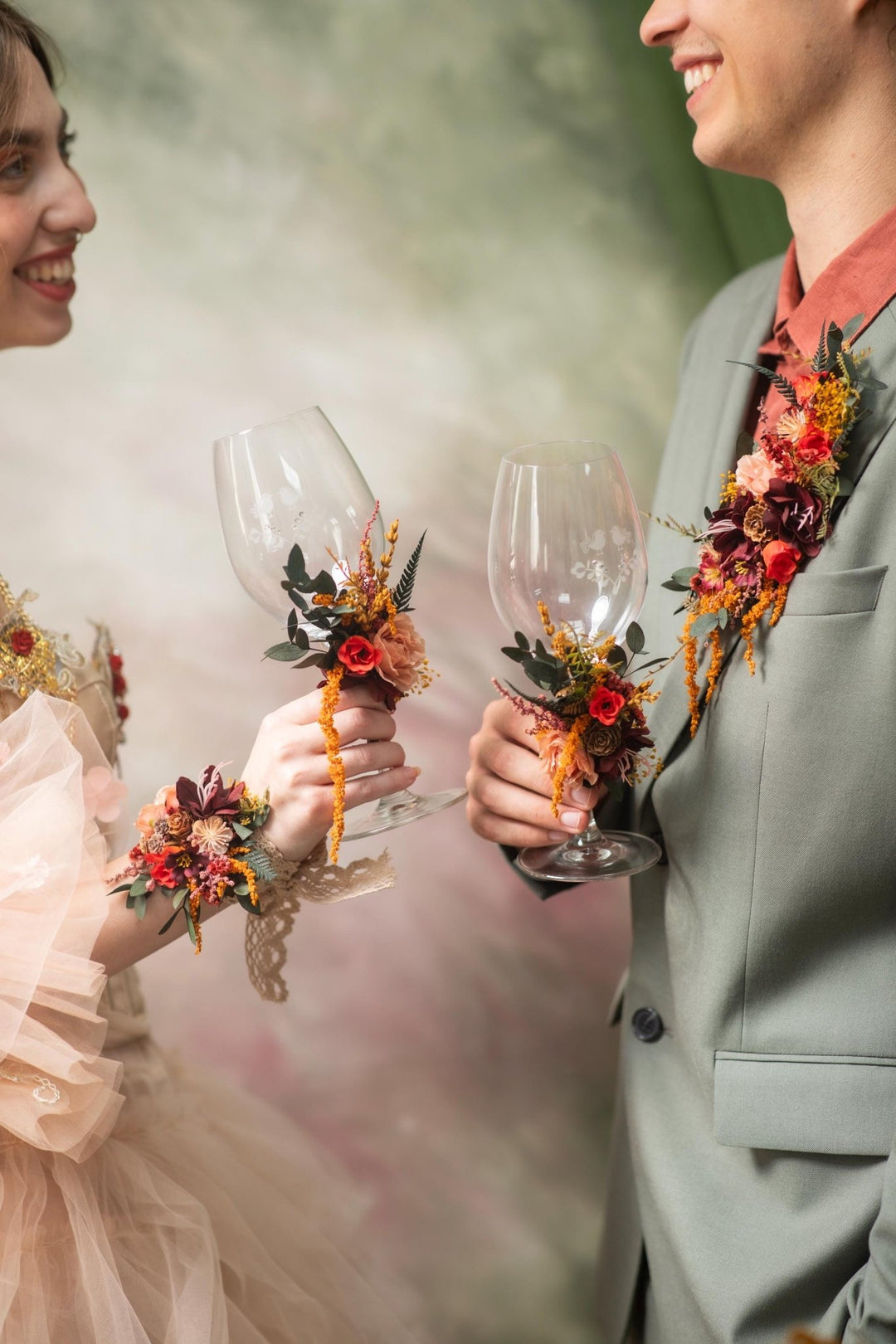 Autumn Wedding Glasses: Floral Bride & Groom Decoration – handmade floral hair accessory by magaela