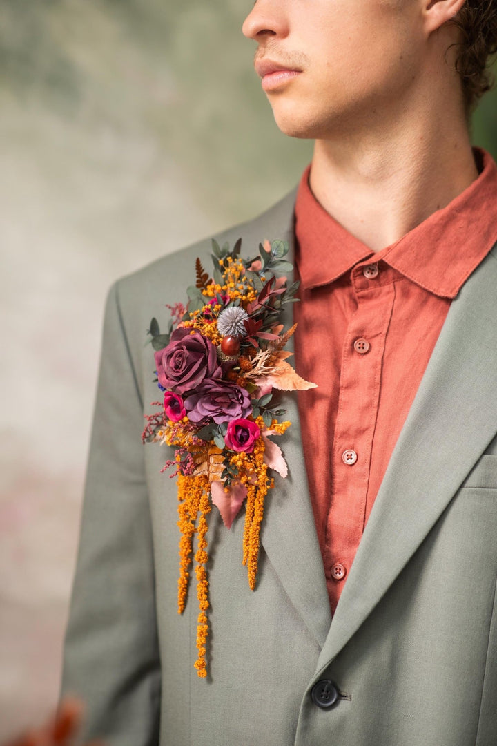 Woodland Wedding Boutonniere: Autumn Brooch Corsage, Purple Boho Flower – handmade floral hair accessory by magaela