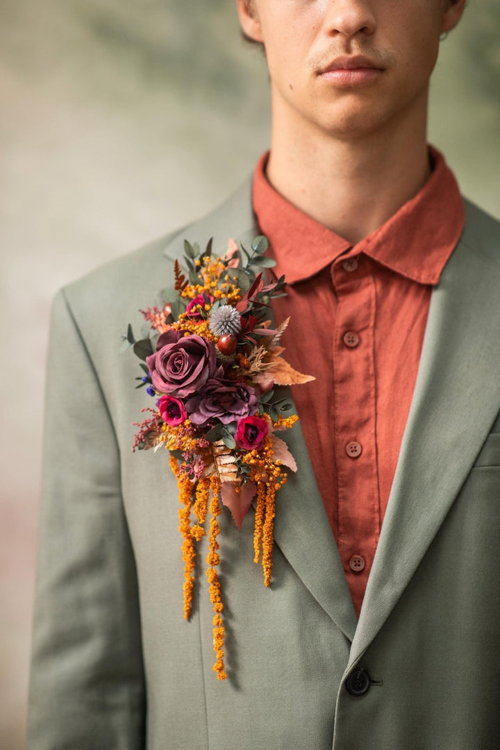 Woodland Wedding Boutonniere: Autumn Brooch Corsage, Purple Boho Flower – handmade floral hair accessory by magaela