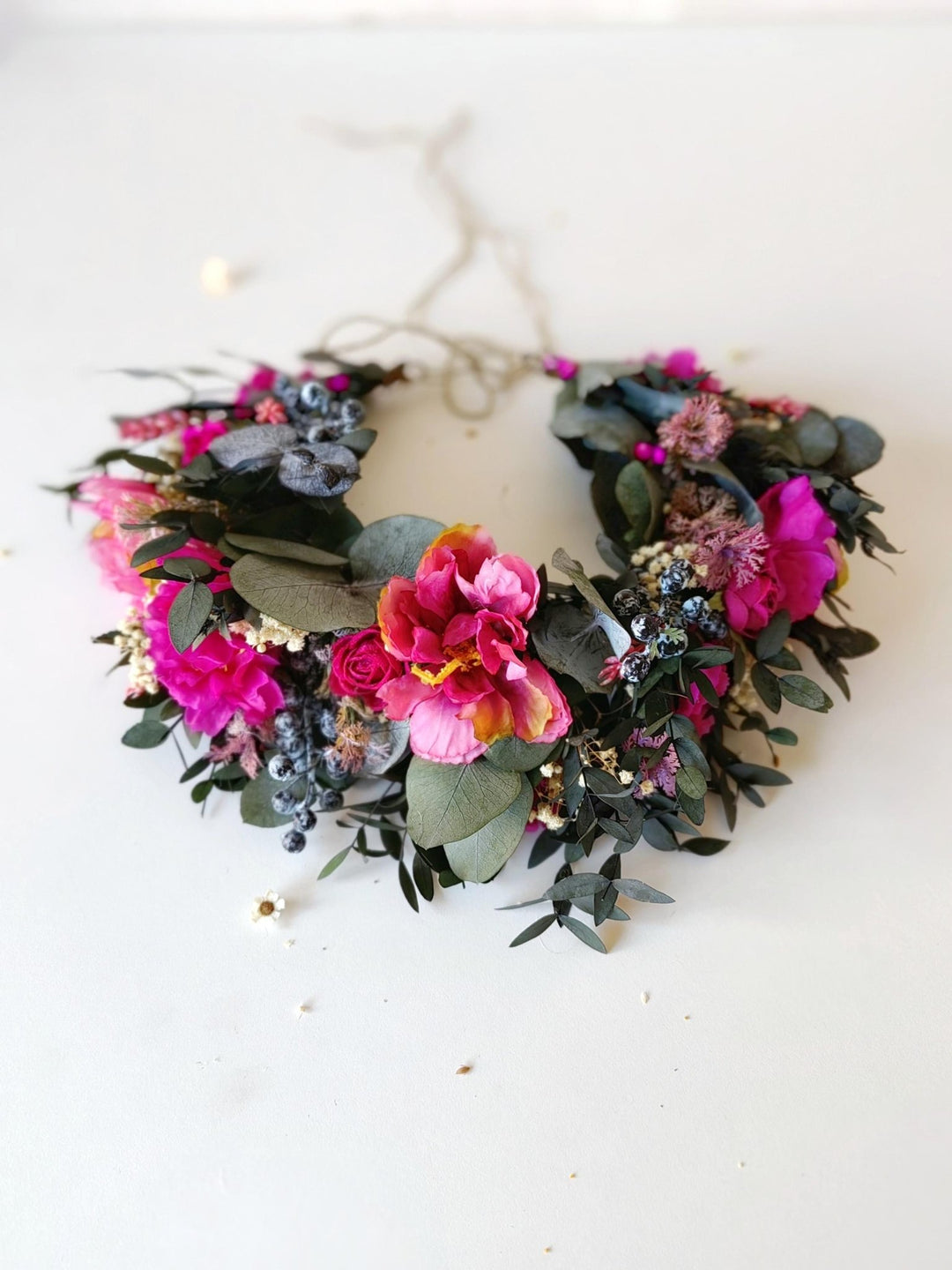 Magenta Flower Crown: Boho Wedding Hair Wreath with Blueberries – handmade floral hair accessory by magaela