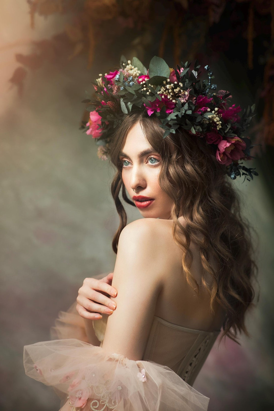 Magenta Flower Crown: Boho Wedding Hair Wreath with Blueberries – handmade floral hair accessory by magaela