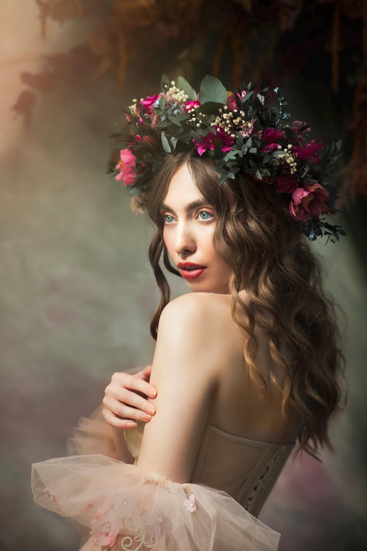 Magenta Flower Crown: Boho Wedding Hair Wreath with Blueberries – handmade floral hair accessory by magaela