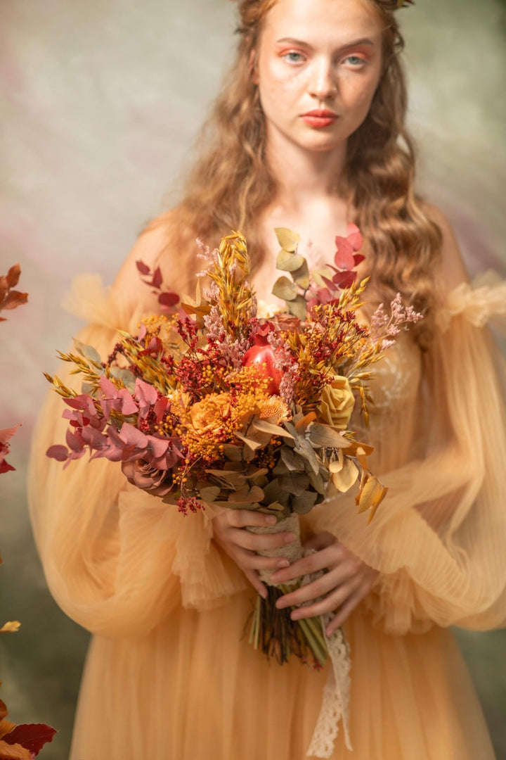 Autumn Bridal Bouquet: Orange, Yellow, Burgundy Wedding Flowers – handmade floral hair accessory by magaela