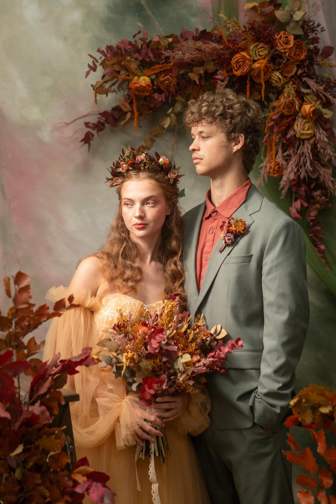 Autumn Bridal Bouquet: Orange, Yellow, Burgundy Wedding Flowers – handmade floral hair accessory by magaela