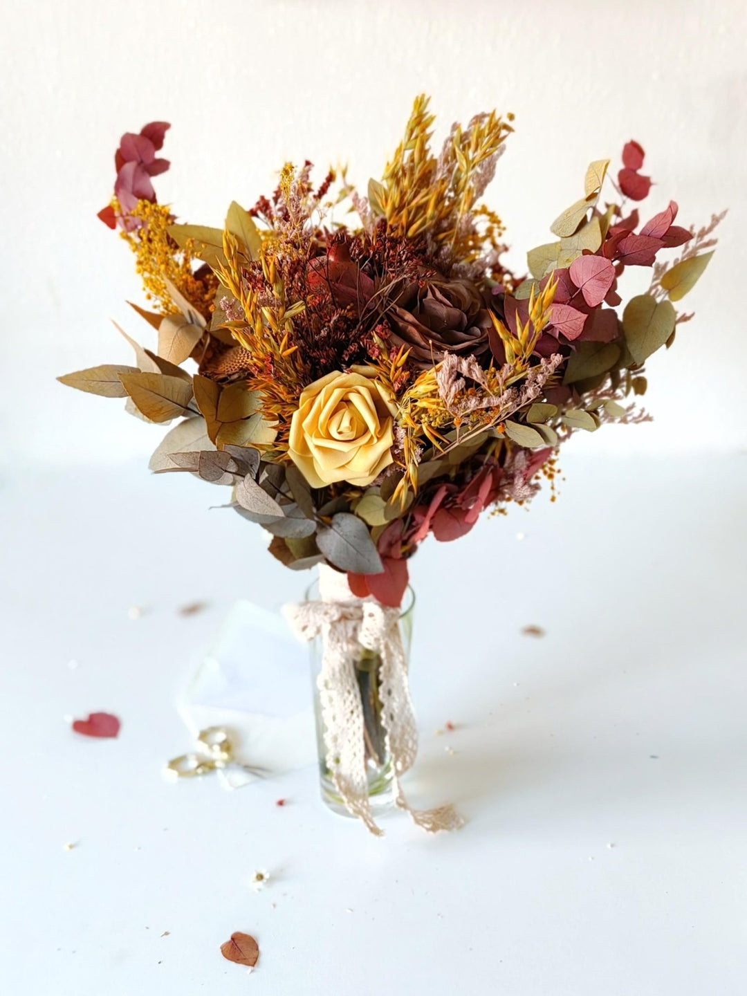 Autumn Bridal Bouquet: Orange, Yellow, Burgundy Wedding Flowers – handmade floral hair accessory by magaela