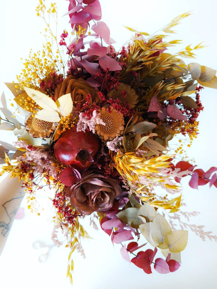 Autumn Bridal Bouquet: Orange, Yellow, Burgundy Wedding Flowers – handmade floral hair accessory by magaela