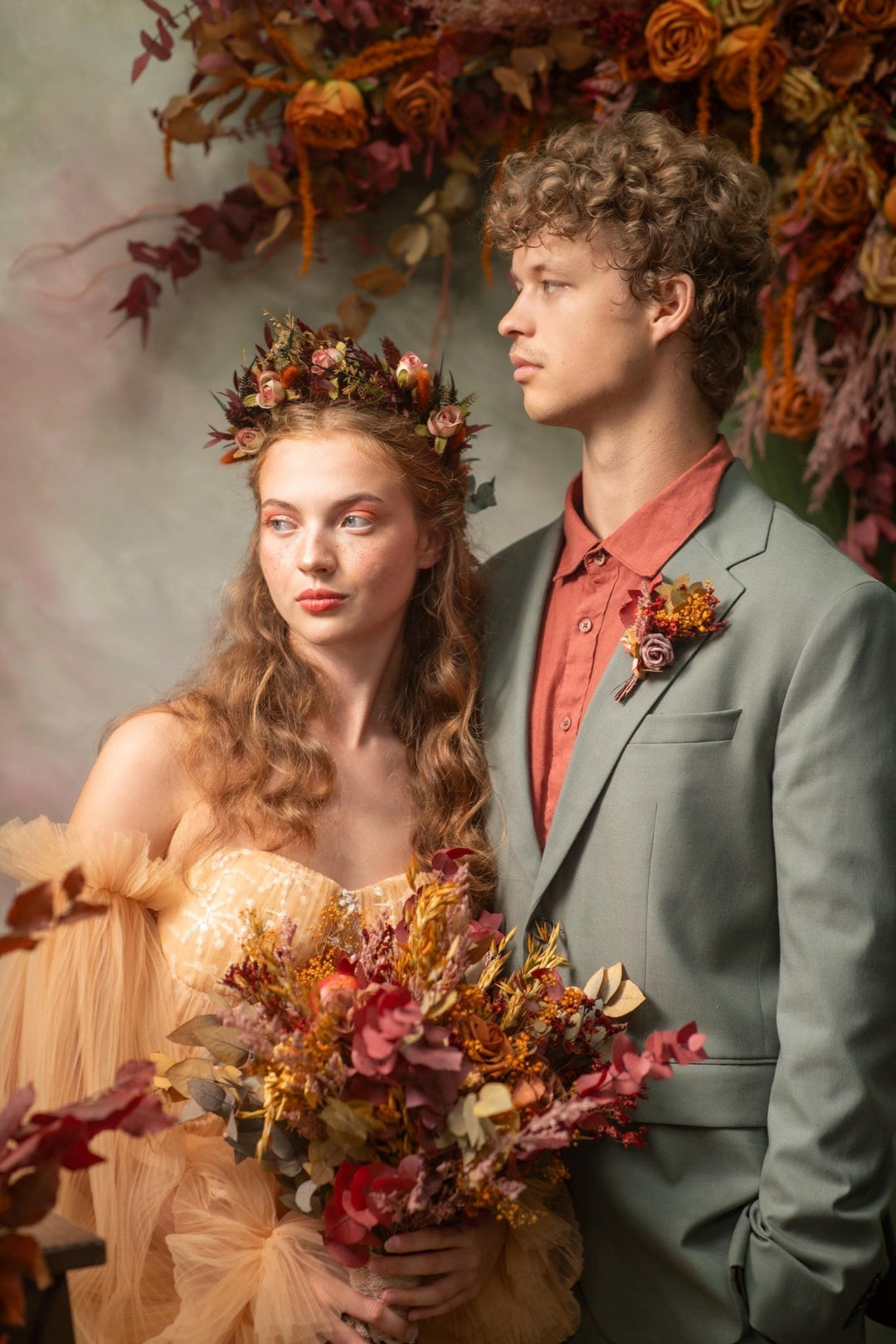 Autumn Terracotta Flower Crown: Rose Bud Bridal Headband – handmade floral hair accessory by magaela