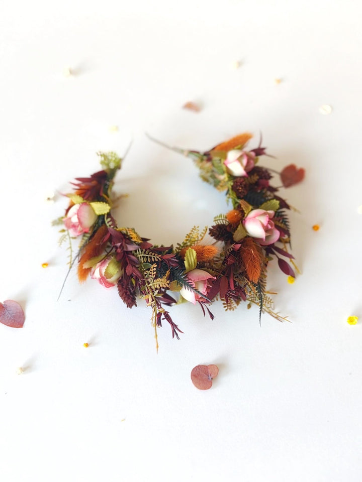 Autumn Terracotta Flower Crown: Rose Bud Bridal Headband – handmade floral hair accessory by magaela