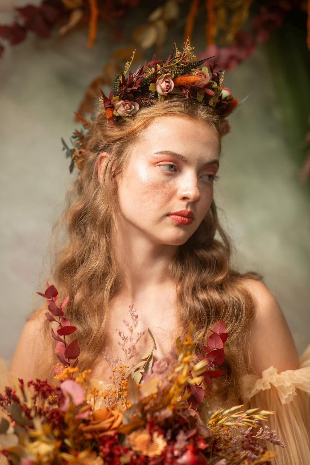 Autumn Terracotta Flower Crown: Rose Bud Bridal Headband – handmade floral hair accessory by magaela