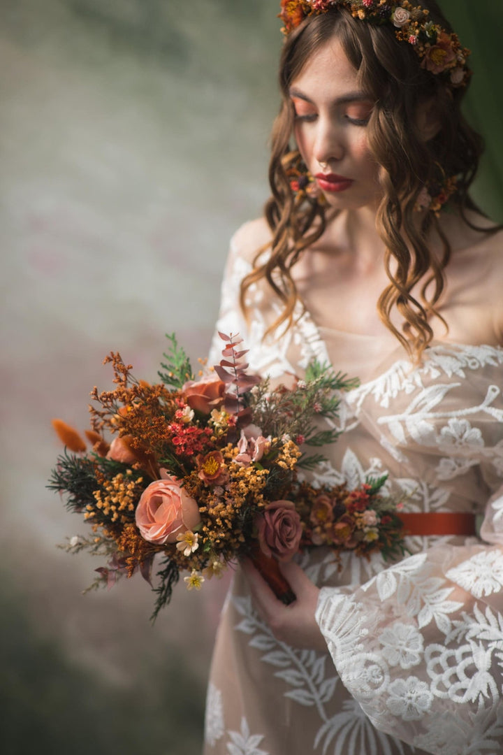 Terracotta Autumn Bridal Bouquet: Artificial Flowers, Woodland Wedding – handmade floral hair accessory by magaela