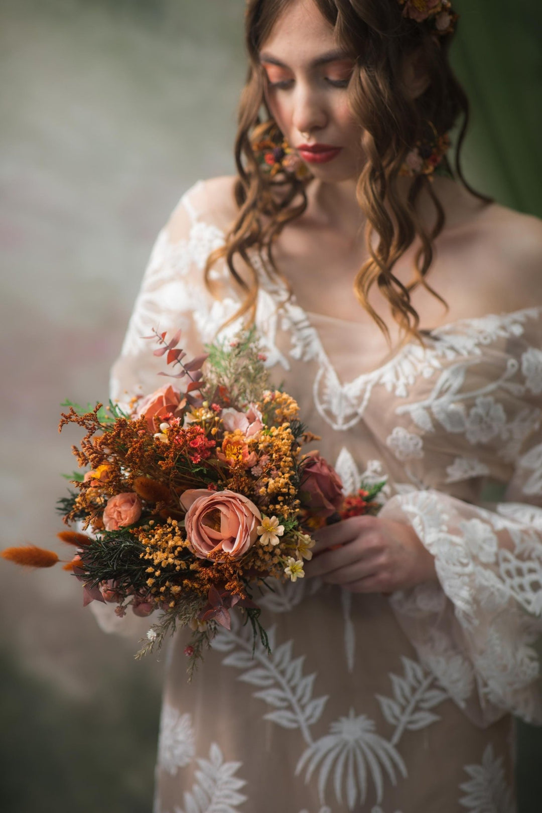 Terracotta Autumn Bridal Bouquet: Artificial Flowers, Woodland Wedding – handmade floral hair accessory by magaela