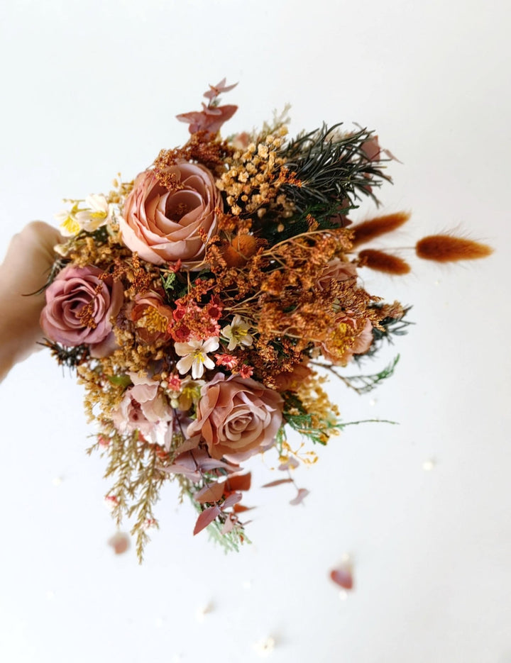 Terracotta Autumn Bridal Bouquet: Artificial Flowers, Woodland Wedding – handmade floral hair accessory by magaela