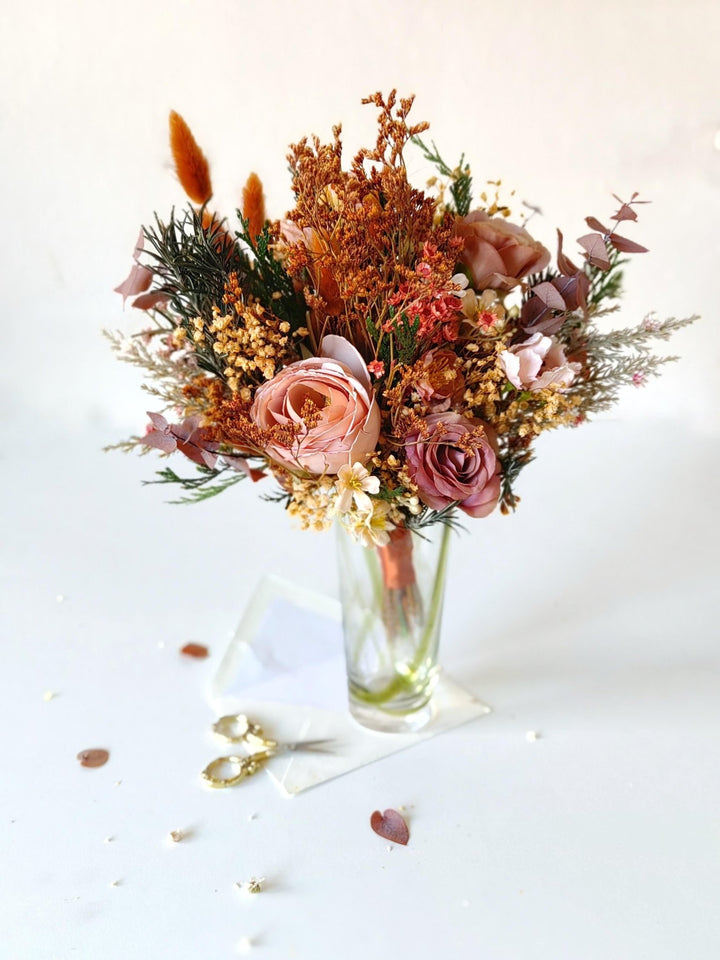 Terracotta Autumn Bridal Bouquet: Artificial Flowers, Woodland Wedding – handmade floral hair accessory by magaela