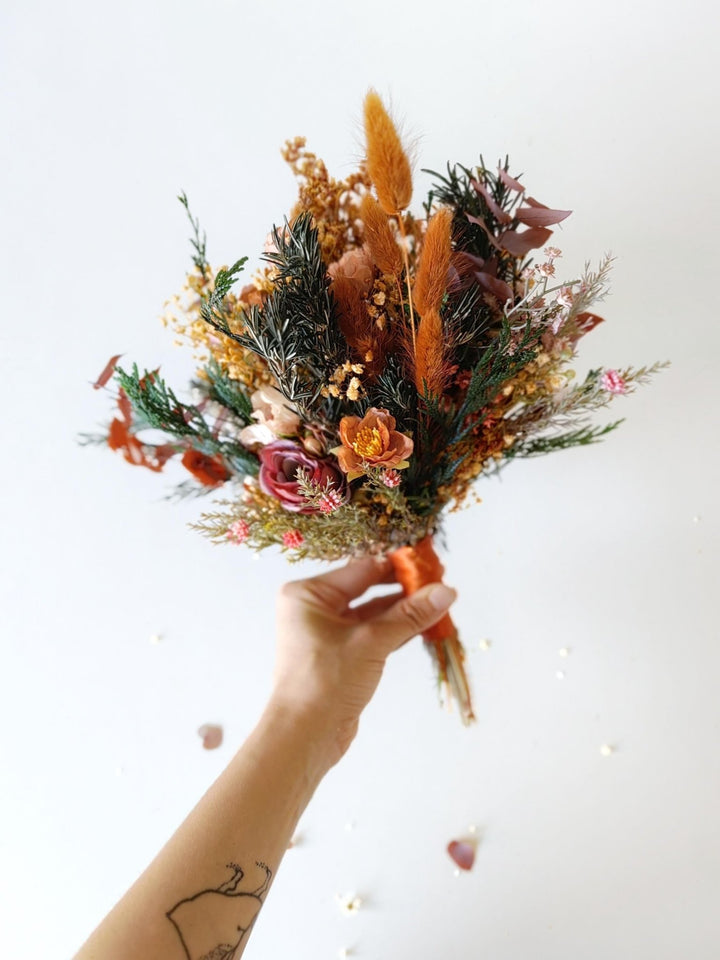 Terracotta Autumn Bridal Bouquet: Artificial Flowers, Woodland Wedding – handmade floral hair accessory by magaela