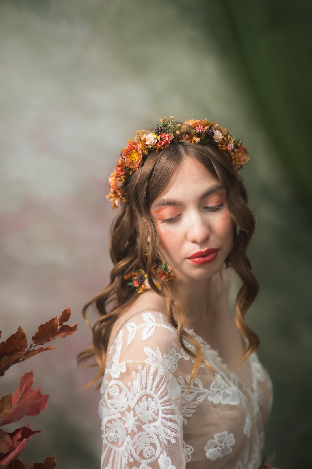 Autumn Flower Crown: Terracotta Floral Half Wreath, Blackberry Wedding Headpiece – handmade floral hair accessory by magaela