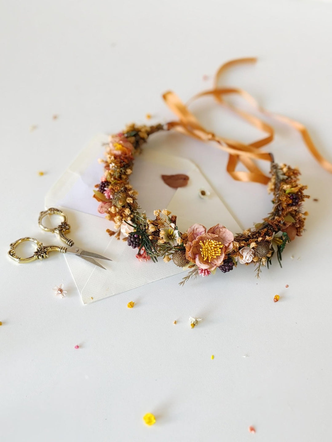 Autumn Flower Crown: Terracotta Floral Half Wreath, Blackberry Wedding Headpiece – handmade floral hair accessory by magaela