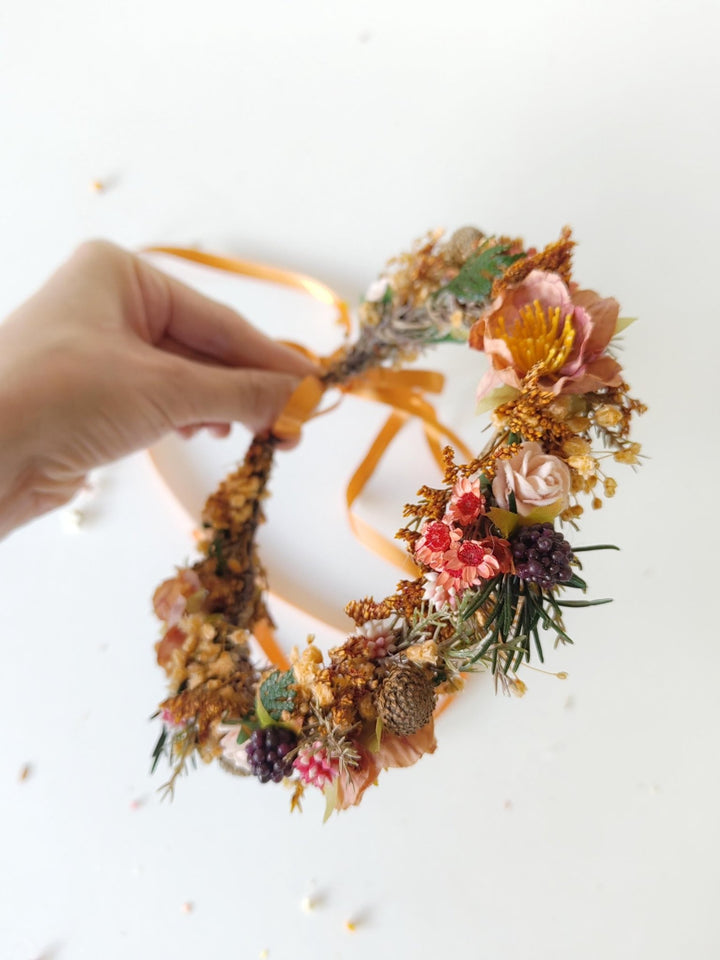 Autumn Flower Crown: Terracotta Floral Half Wreath, Blackberry Wedding Headpiece – handmade floral hair accessory by magaela
