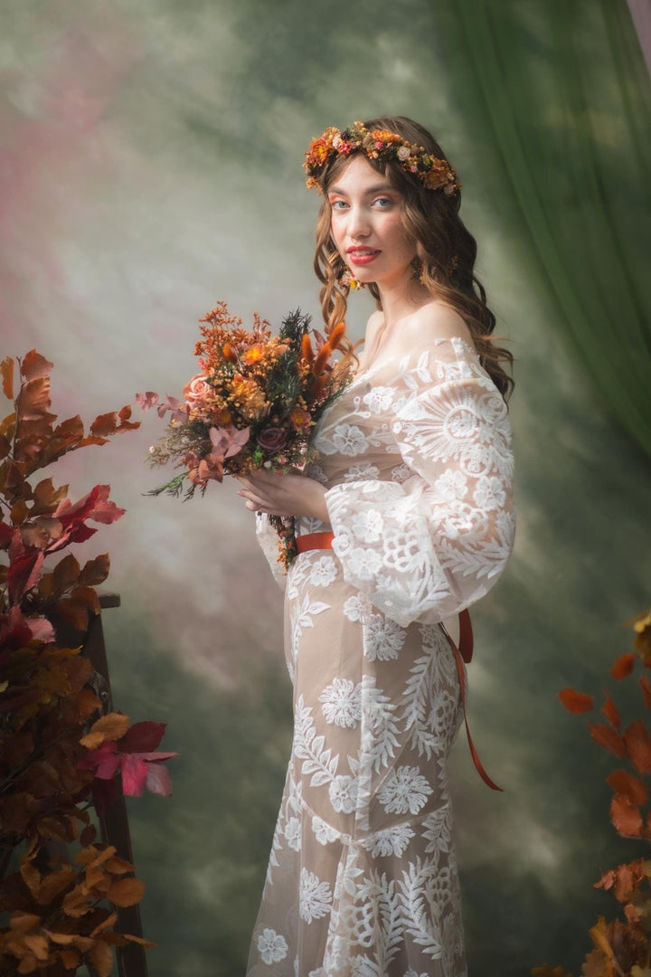 Autumn Flower Crown: Terracotta Floral Half Wreath, Blackberry Wedding Headpiece – handmade floral hair accessory by magaela