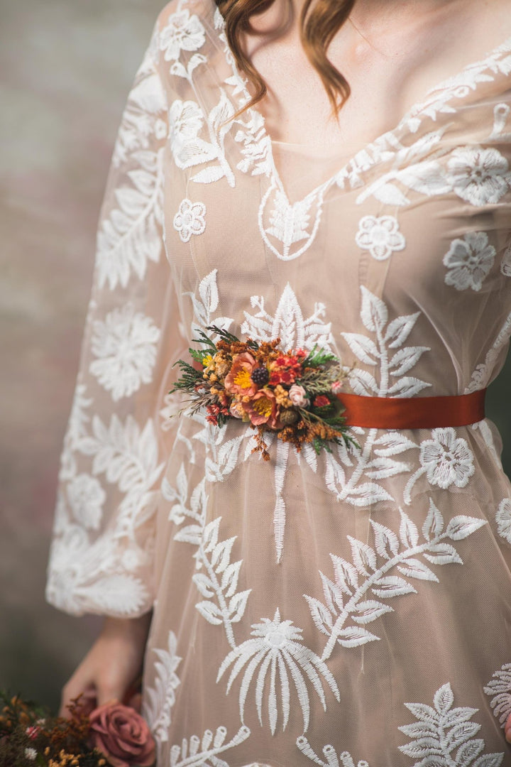 Terracotta Flower Wedding Belt: Burnt Orange Autumn Bridal Belt – handmade floral hair accessory by magaela