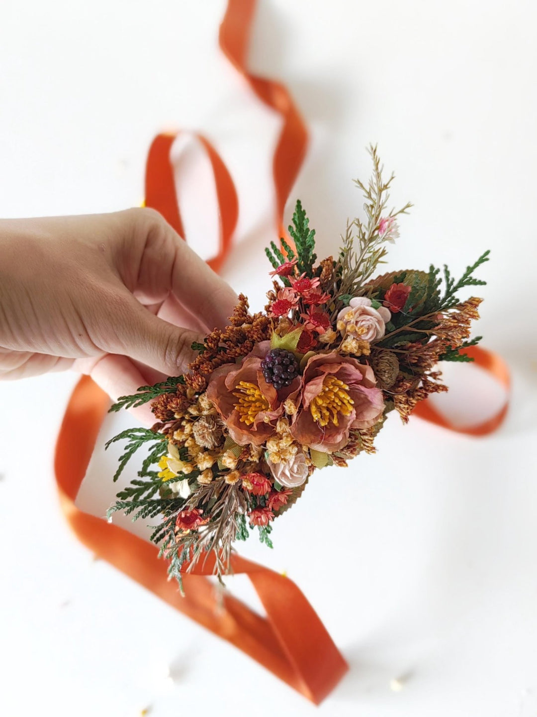 Terracotta Flower Wedding Belt: Burnt Orange Autumn Bridal Belt – handmade floral hair accessory by magaela