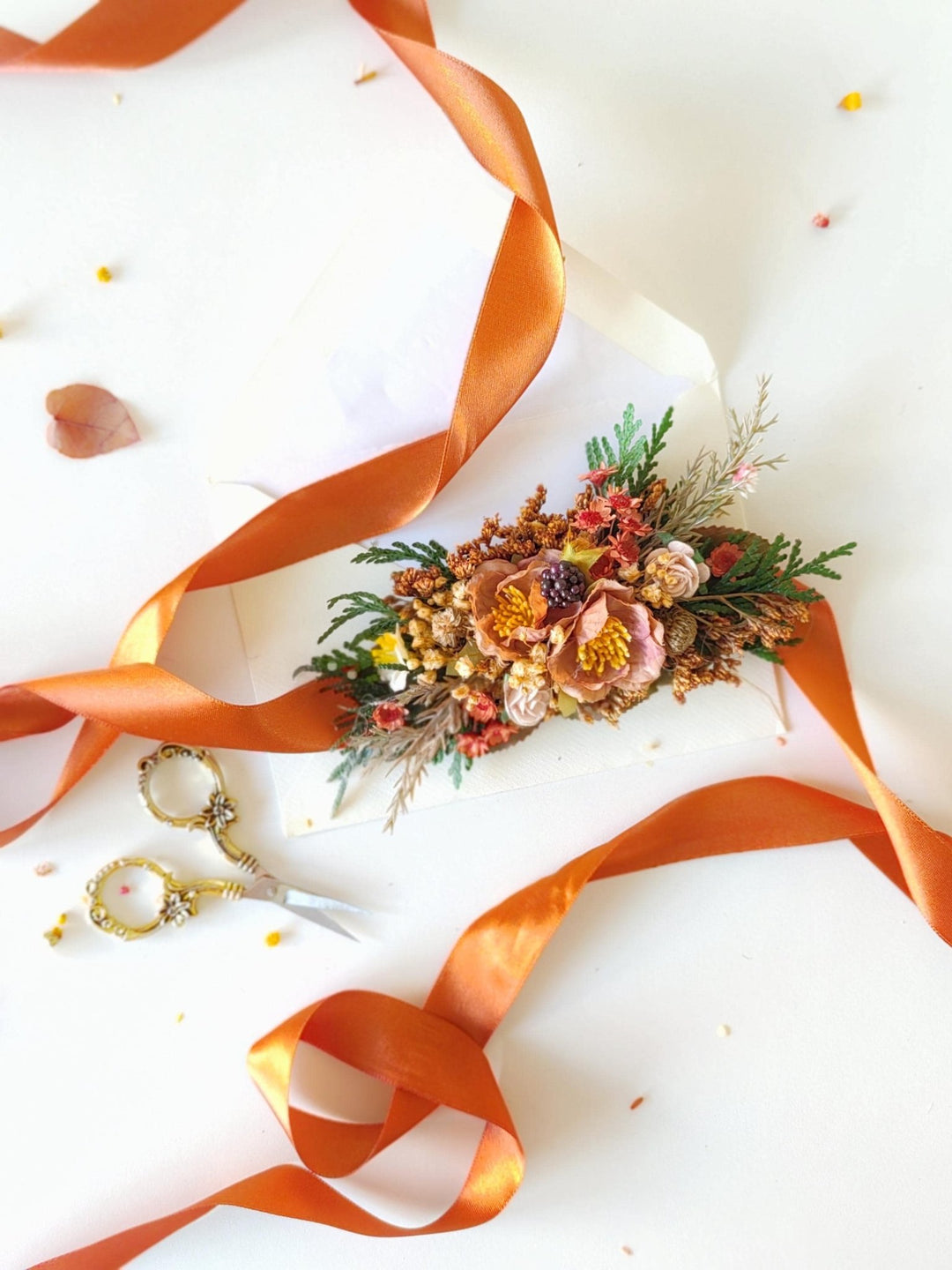 Terracotta Flower Wedding Belt: Burnt Orange Autumn Bridal Belt – handmade floral hair accessory by magaela