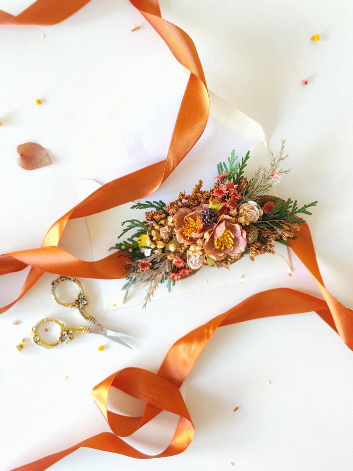 Terracotta Flower Wedding Belt: Burnt Orange Autumn Bridal Belt – handmade floral hair accessory by magaela