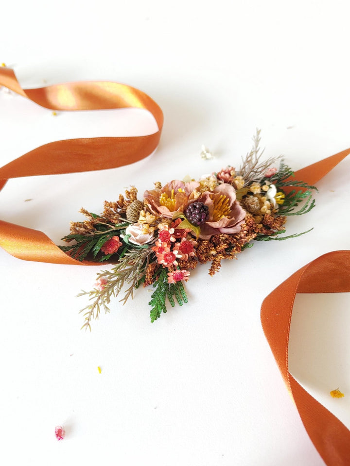 Terracotta Flower Wedding Belt: Burnt Orange Autumn Bridal Belt – handmade floral hair accessory by magaela