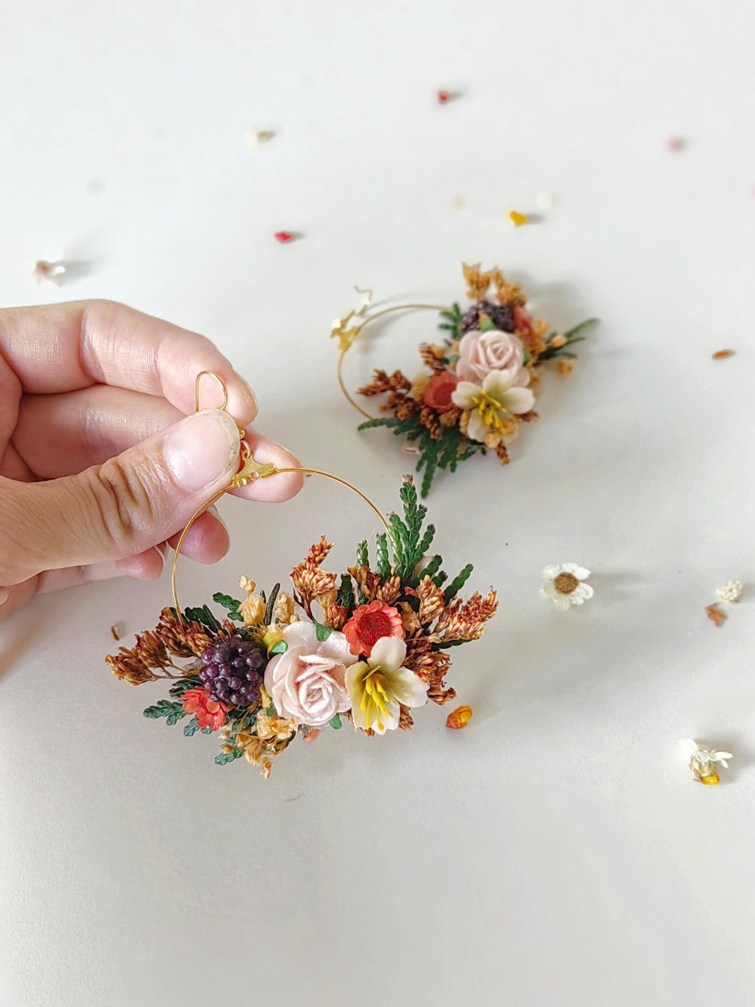 Autumn Flower Circle Earrings: Woodland Wedding Jewelry – handmade floral hair accessory by magaela