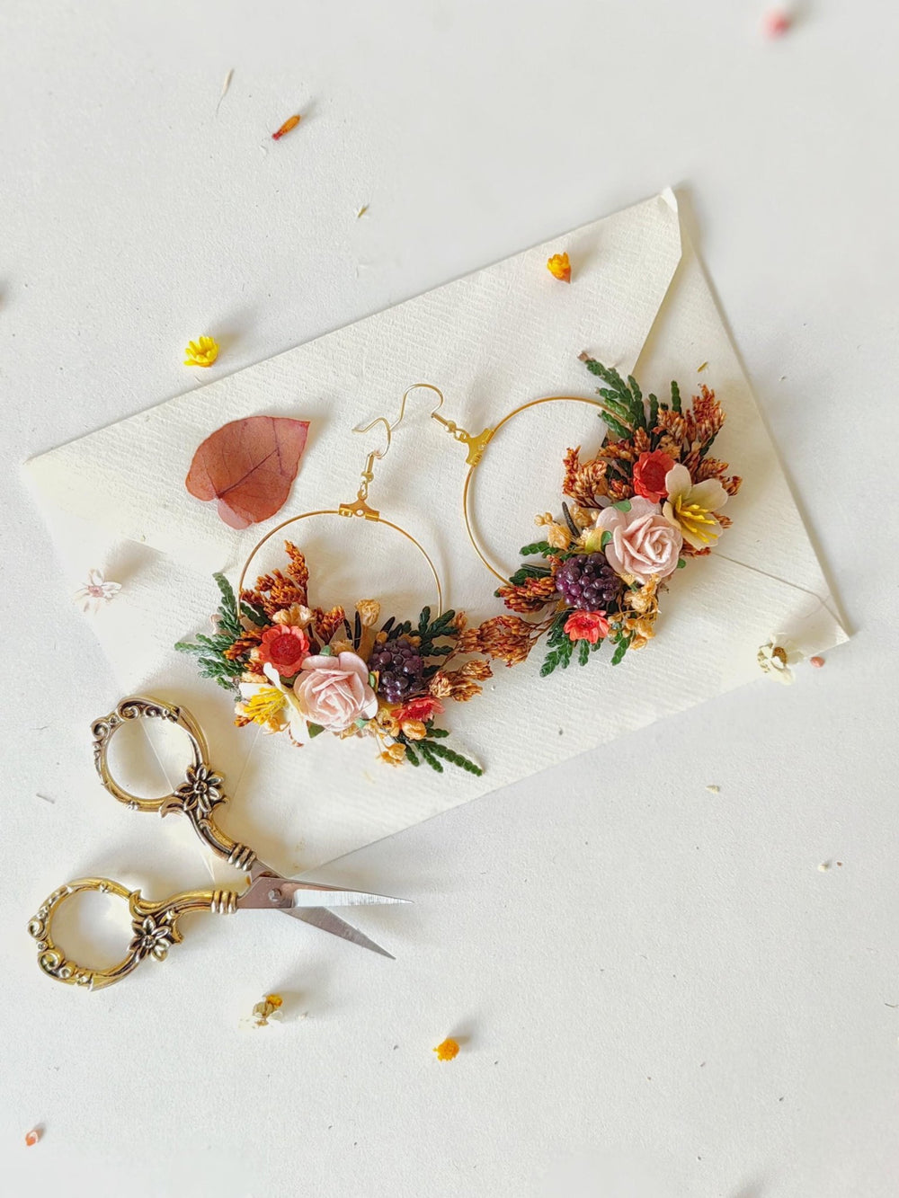 Autumn Flower Circle Earrings: Woodland Wedding Jewelry – handmade floral hair accessory by magaela