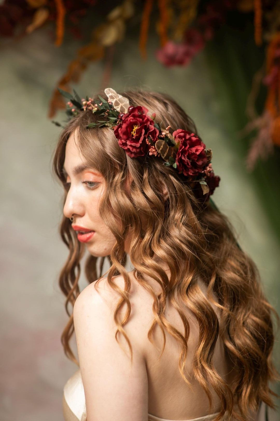 Burgundy Flower Wreath: Woodland Feather Crown with Golden Leaves – handmade floral hair accessory by magaela