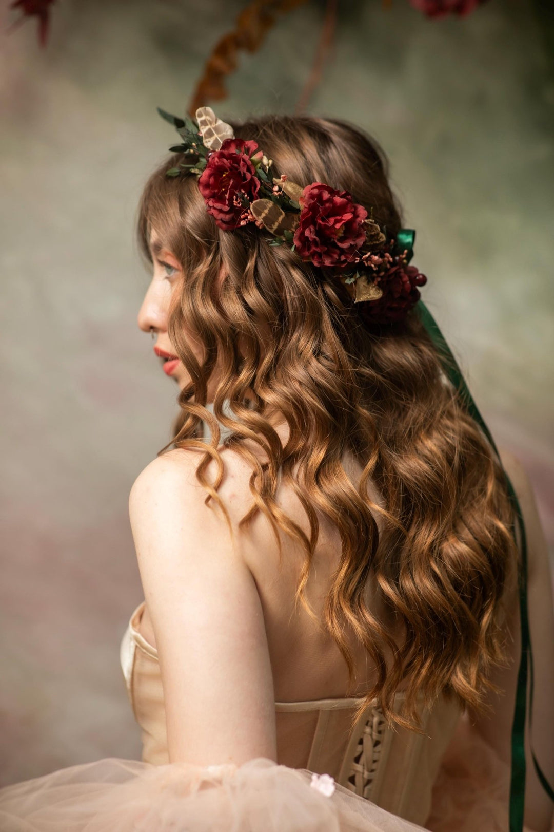 Burgundy Flower Wreath: Woodland Feather Crown with Golden Leaves – handmade floral hair accessory by magaela