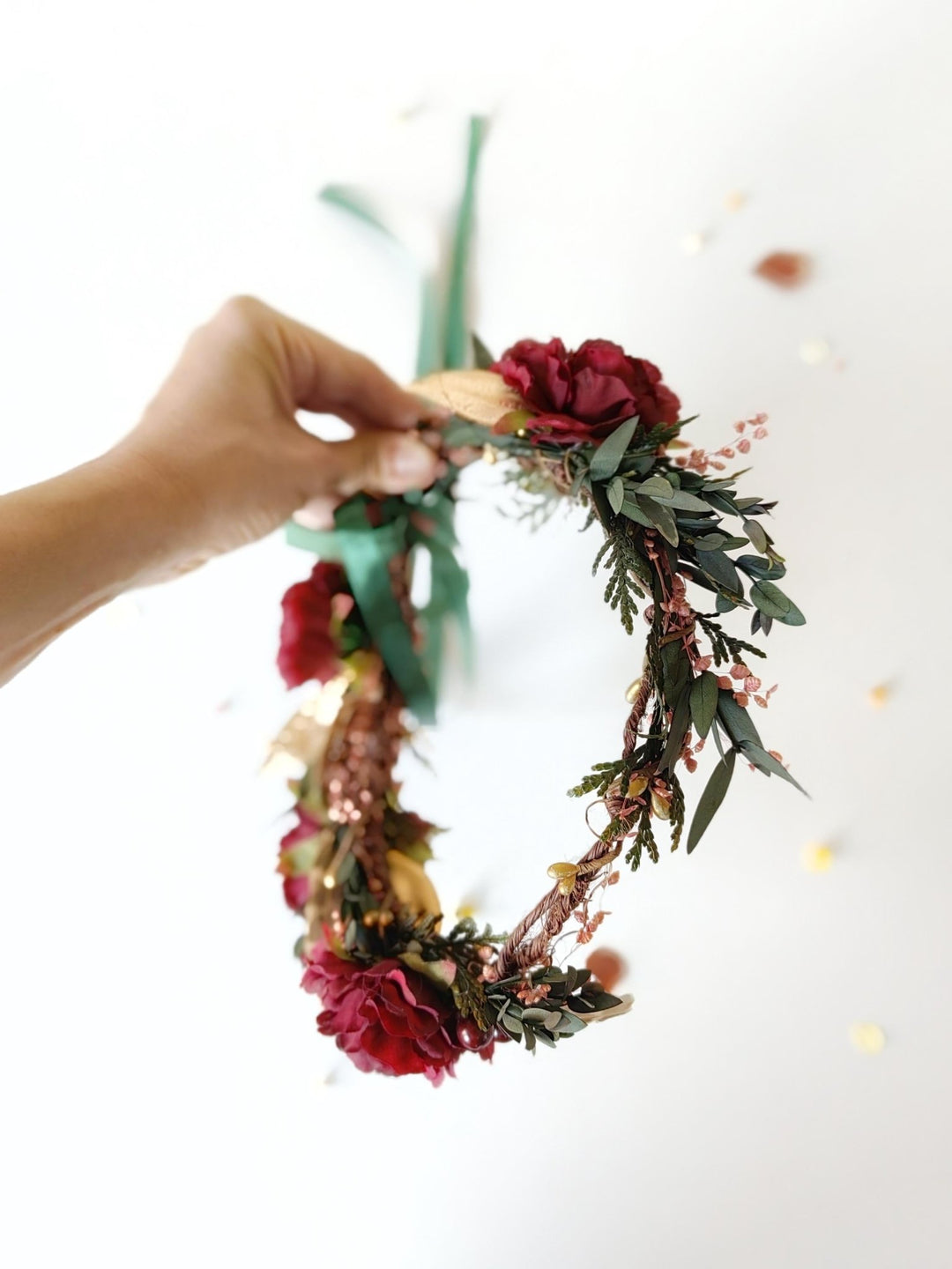 Burgundy Flower Wreath: Woodland Feather Crown with Golden Leaves – handmade floral hair accessory by magaela