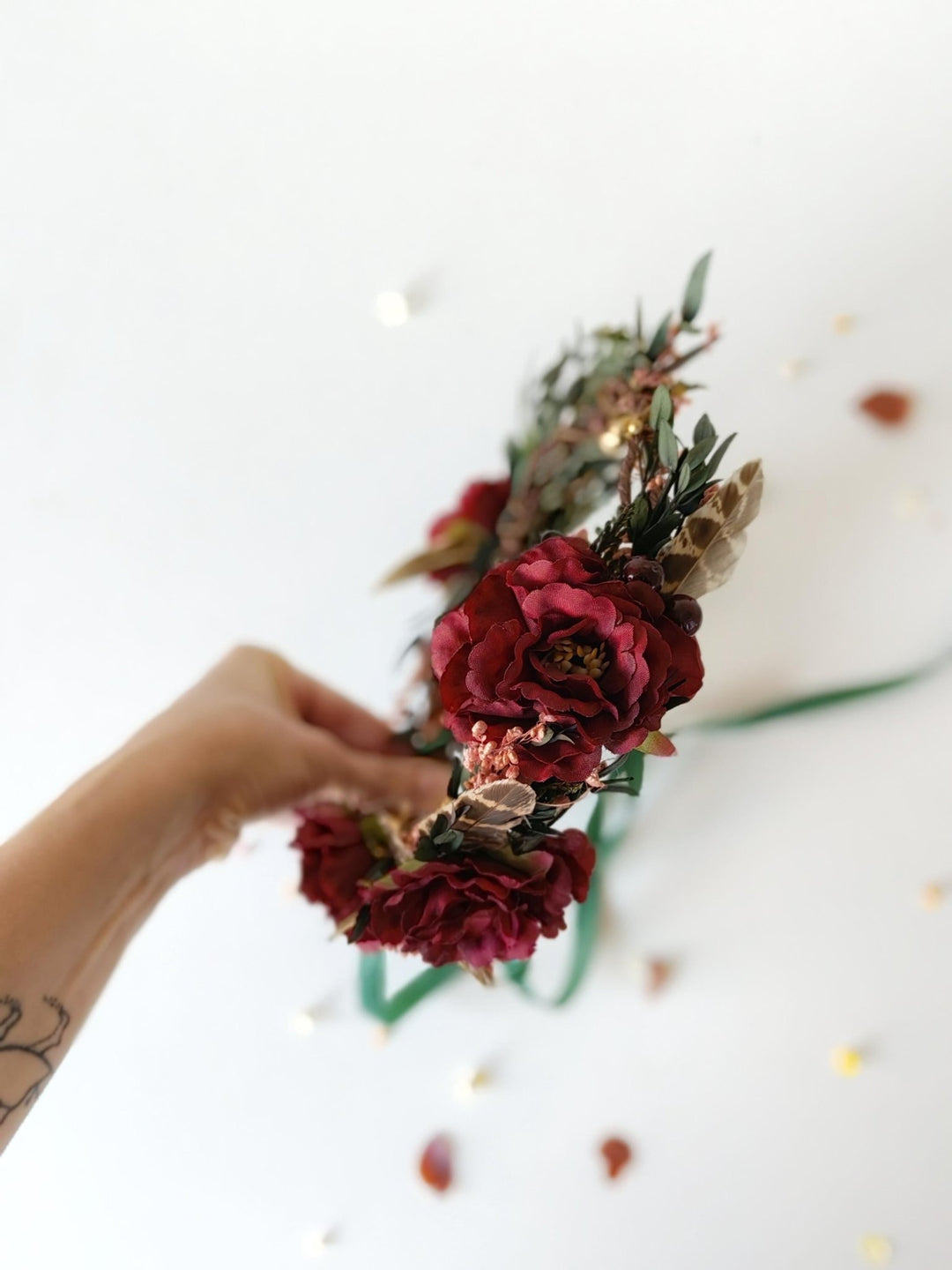 Burgundy Flower Wreath: Woodland Feather Crown with Golden Leaves – handmade floral hair accessory by magaela