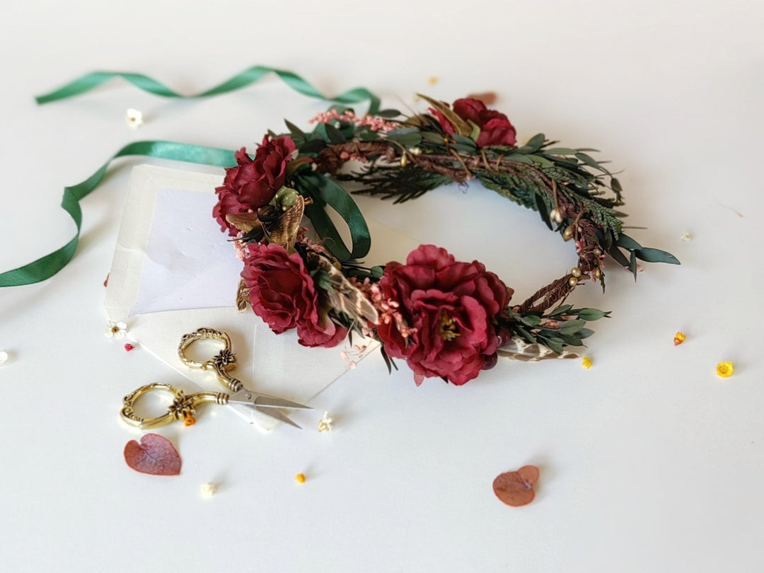 Burgundy Flower Wreath: Woodland Feather Crown with Golden Leaves – handmade floral hair accessory by magaela